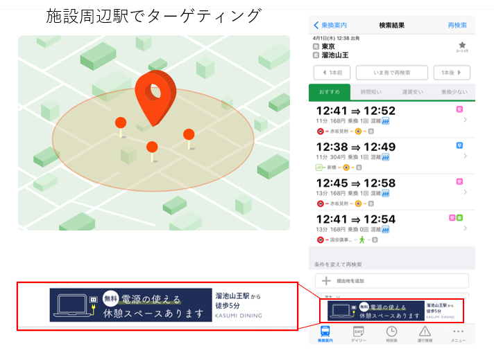 乗換検索時、施設周辺駅でターゲティング